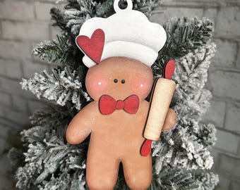 Hand painted wood gingerbread baker ornament, gingerbread man gifts, farmhouse Christmas ornament, country Christmas, Christmas Baker Gift