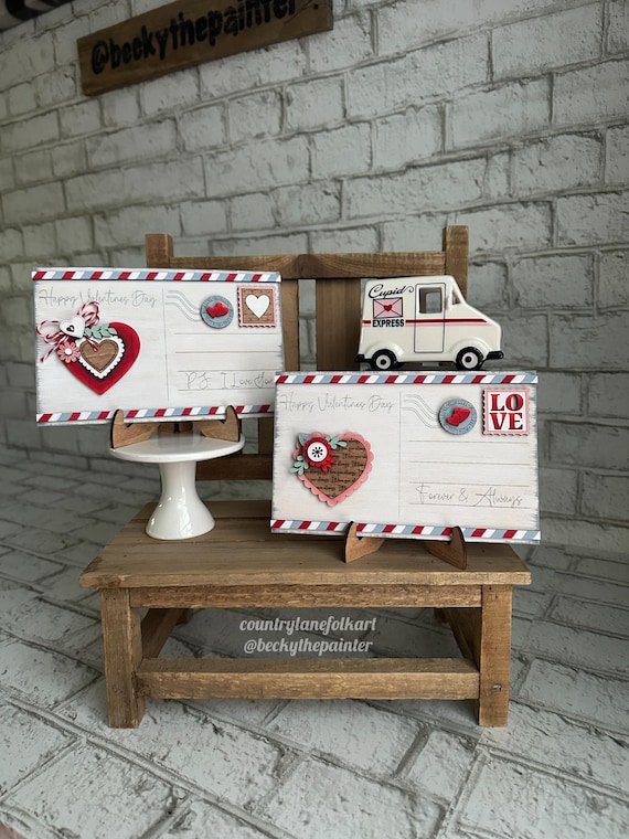 Hand Painted wood decorative postcards, vintage inspired decor, Valentine tiered tray decor, farmhouse shelf sitter, Valentines Gift , love
