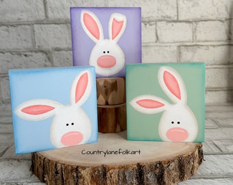 pastel Easter bunnies, hand painted wood blocks, Tiered tray decor, Easter basket stuffers for adults, hostess gift, spring decorations,