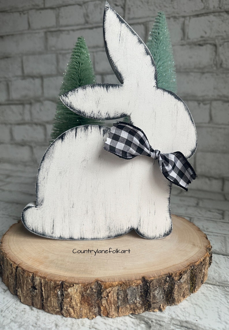 Distressed wooden bunny, tiered tray decor, Easter mantle decor, farmhouse decor, farmhouse rabbit, hostess gift, shelf sitter, housewarming image 4