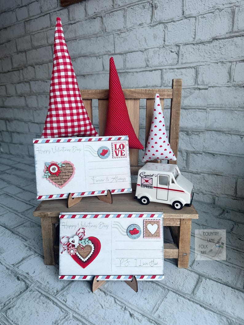 Hand Painted wood decorative postcards, vintage inspired decor, Valentine tiered tray decor, farmhouse shelf sitter, Valentines Gift , love image 9