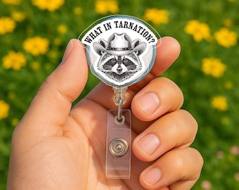 What in Tarnation Badge Reel, Funny Raccoon Nurse ID Holder, Western Cowboy Animal Badge Clip, Retractable Work Badge Reel