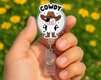 Cowdy Badge Reel, Funny Cowboy Cow Nurse ID Holder, Cute Farm Animal Badge Clip, Retractable Work Badge Reel