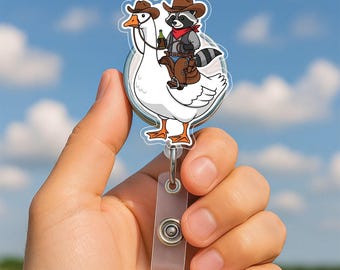 Funny Cowboy Raccoon Riding Goose Badge Reel, Raccoon Nurse ID Holder, Goose Badge Clip,  Retractable Work Badge Reel