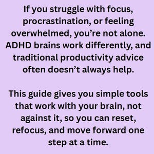 Puede incluir: Texto sobre un fondo morado claro que dice "¡Bienvenido!" seguido de texto sobre concentración, procrastinación y sentirse abrumado. El texto explica que los cerebros con TDAH funcionan de forma diferente y ofrece herramientas para reiniciar.