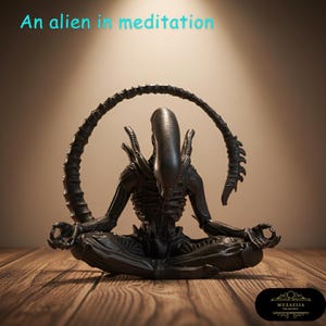 Op de afbeelding: Zwarte sculptuur van een alien in een zittende meditatiehouding. De alien heeft een lange kop, een gesegmenteerde staart en zit met gekruiste benen. De tekst "An alien in meditation" staat boven de sculptuur.