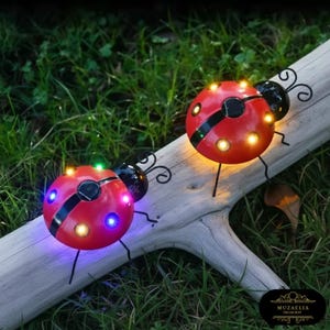 May include: Two red ladybug garden ornaments with black accents and glowing lights. The ladybugs are perched on a weathered wooden branch against a backdrop of green grass. The lights on the ladybugs are various colors.