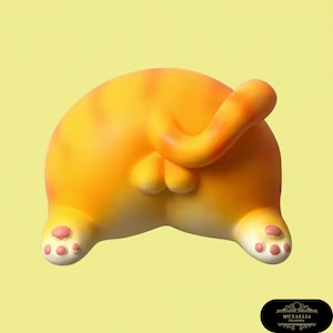 May include: A whimsical orange cat butt figurine with a curled tail and visible paws. The figurine has a smooth, glossy finish and is set against a yellow background. The paws have pink pads. The figurine is a humorous decorative item.