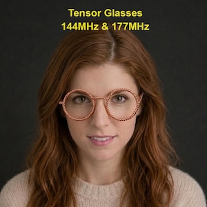 May include: Tensor Glasses with round frames made of twisted copper-colored wire. The text above the glasses reads Tensor Glasses 144MHz & 177MHz. The frames feature a distinct braided texture throughout the circular rims and the bridge.