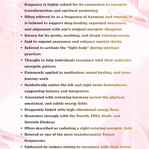 May include: A white informational card with a soft pink floral border featuring the title HandmadeTinyWorld and Tensor Frequency - 528 MHz. The text lists various spiritual and metaphysical properties associated with this specific frequency.