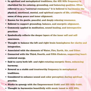 May include: A white informational card titled HandmadeTinyWorld Tensor Frequency - 432 MHz, Frequency of Harmony & Universal Resonance. The text lists various metaphysical properties, spiritual associations, and energetic benefits of this specific frequency.