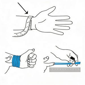 May include: A black and white instructional diagram showing how to measure a wrist circumference with a tape measure, how to wear a blue wristband, and how to measure the length of a blue band against a ruler in inches.