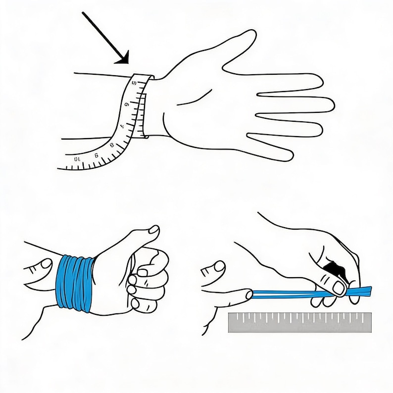May include: A black and white instructional diagram showing how to measure a wrist circumference with a tape measure, how to wear a blue wristband, and how to measure the length of a blue band against a ruler in inches.