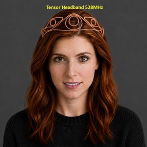 Puede incluir: Una diadema de alambre color cobre con un diseño de metal trenzado, que presenta un motivo circular central y patrones simétricos en forma de ojo a ambos lados. El texto Tensor Headband 528MHz aparece en amarillo sobre el accesorio.