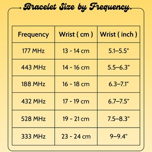 May include: A yellow informational chart titled Bracelet Size by Frequency. The table lists six frequency values in MHz, with corresponding wrist measurements in centimeters and inches, ranging from 13 to 24 cm and 5.1 to 9.4 inches respectively.
