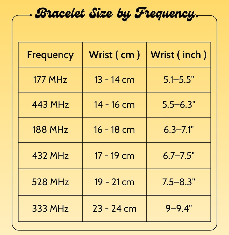 May include: A yellow informational chart titled Bracelet Size by Frequency. The table lists six frequency values in MHz, with corresponding wrist measurements in centimeters and inches, ranging from 13 to 24 cm and 5.1 to 9.4 inches respectively.