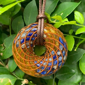 Torus Rodin Coil Pendant, Lapis Lazuli - Citrine Quartz, Pendant Copper Wire Wrapped Resin Necklace 4cm, Energy Generator, EMF Shield
