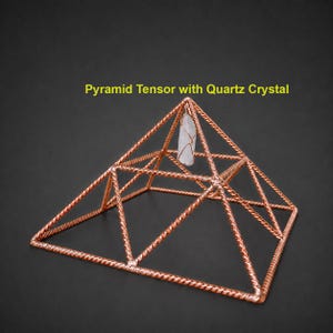 May include: A copper wire pyramid tensor structure featuring a twisted metal design with a clear quartz crystal suspended at the apex. The text Pyramid Tensor with Quartz Crystal is displayed above the object in yellow lettering.