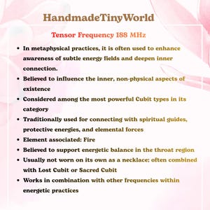 May include: An informational graphic titled HandmadeTinyWorld Tensor Frequency 188 MHz. It lists bullet points about metaphysical practices, energy fields, Cubit types, spiritual connections, fire element association, throat balance, and usage.