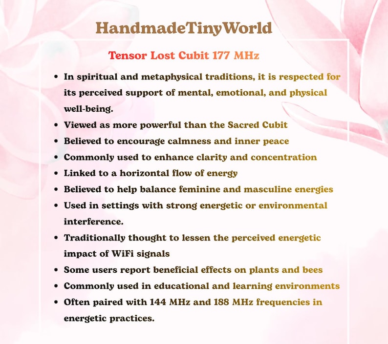 May include: A white informational card with pink floral accents featuring the text HandmadeTinyWorld and Tensor Lost Cubit 177 MHz. The card lists bullet points describing the perceived properties of the Tensor Lost Cubit in spiritual traditions.