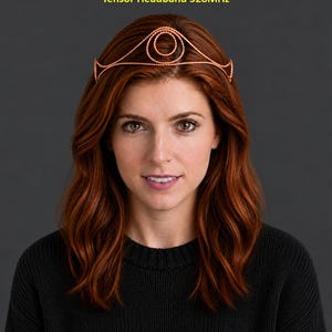 May include: A copper-colored wire headband featuring a twisted metal design with a central circular motif. The headband is labeled with the text Tensor Headband 528MHz. The structure consists of thin, coiled metallic strands formed into a crown-like shape.