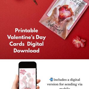 Puede incluir: Una tarjeta del Día de San Valentín con una imagen de acuarela de manos sosteniendo un corazón y el texto "Happy Valentine's Day". La imagen también incluye un teléfono inteligente que muestra una tarjeta digital y las palabras "Printable Valentine's Day Cards Digital Download."