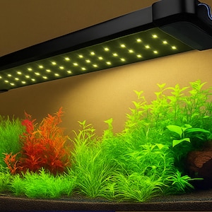 May include: A black LED aquarium light fixture illuminates a vibrant underwater scene. The fixture is positioned above lush green and red aquatic plants. The light casts a warm glow, enhancing the colors of the plants and creating a visually appealing aquatic environment.