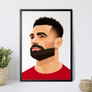 May include: A framed art print featuring a geometric portrait of a man with a dark beard and short, dark, curly hair. The artwork uses a low-poly style with shades of tan, brown, and red. The man is wearing a red shirt.