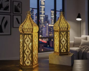 Moroccan Golden Lantern Ramadan Iron Decor — Elegant Hollow Design for Eid and Home Celebrations