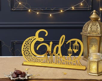 Eid Mubarak Wooden Moon Decoration – Ramadan Islamic Table Decor, Eid Gift, Muslim Home Ornament