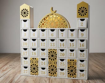 Ramadan Wooden Countdown Calendar Mosque with LED Lights – Islamic Decor, Eid Gift