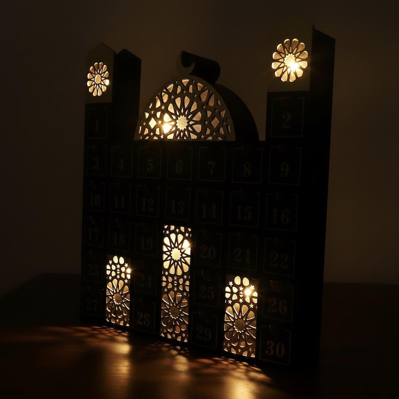 Ramadan Wooden Countdown Calendar Mosque With LED Lights – Islamic ...