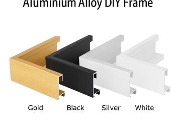 May include: Four aluminum alloy DIY frame corners in gold, black, silver, and white. The text "Aluminum Alloy DIY Frame" is at the top, with the color names below each corner. These frames are designed for do-it-yourself projects.
