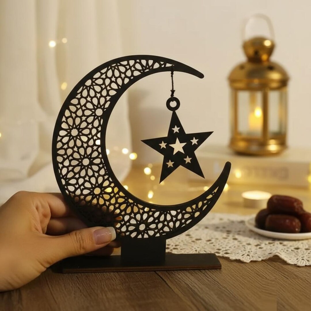 Eid Mubarak Moon and Star Decor – Wooden Stand Ramadan Table Decoration ...