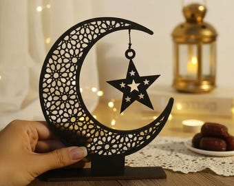 Eid Mubarak Moon and Star Decor – Wooden Stand Ramadan Table Decoration, Islamic Home Ornament