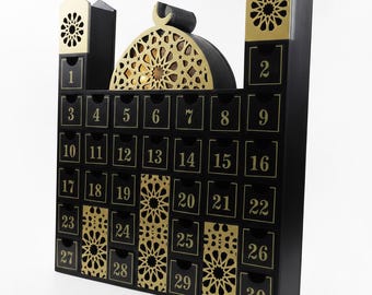 Ramadan Wooden Countdown Calendar Mosque with LED Lights – Islamic Decor, Eid Gift