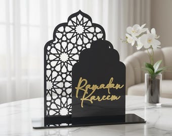 Ramadan Kareem Islamic Table Decor • Black and Gold Acrylic Mosque Ornament • Eid Mubarak Centerpiece