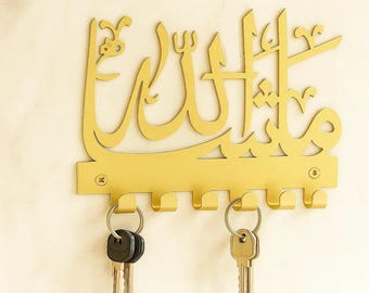 Llavero islámico: Caligrafía de Masha Allah en metal negro, organizador de 6 ganchos
