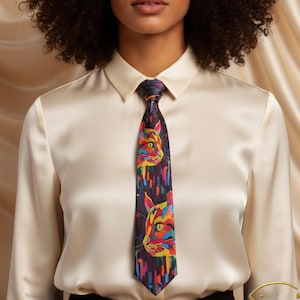 May include: A colorful cat-themed tie. The tie features a repeating pattern of a cat's face in vibrant hues of yellow, orange, blue, and green against a dark background. The tie is worn with a cream-colored button-down shirt.