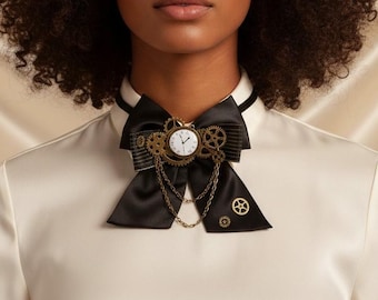 Unisex Steampunk Watch Bow Tie, Victorian Gear Necktie, Gothic Clock Ribbon Bow, Cosplay Accessory, Vintage Chain Bow Tie, Fashion Gift