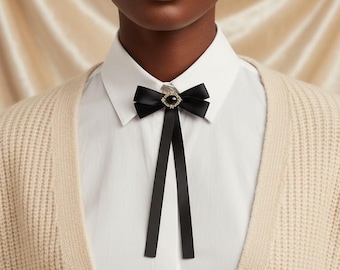 Black Red Ribbon Bow Brooch, Rhinestone Long Tail Bow Pin, Statement Shirt Collar Brooch, Women's Fashion Accessory
