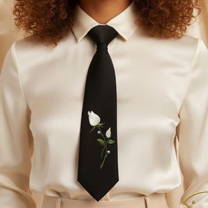 Pu&ograve; includere: Cravatta nera con ricamo di rosa bianca e perle. Indossata con una camicia bianca con colletto, emana eleganza formale. La cravatta misura circa 147 cm di lunghezza.