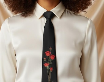 Red Roses Embroidered Necktie, Floral Black Tie for Women and Men, Unisex Rose Tie, Elegant Botanical Necktie, Artistic Flower Accessory