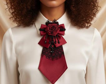 Burgundy Rose Lace Tie, Victorian Gothic Statement Neck Tie, Red Floral Tie, Elegant Romantic Collar Accessory