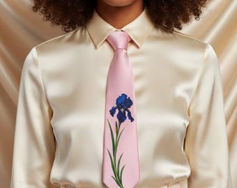 Purple Iris Bloom Pink Floral Necktie for Women Men, Unisex Flower Print Tie, Soft Botanical Neck Tie, Romantic Fashion Gift