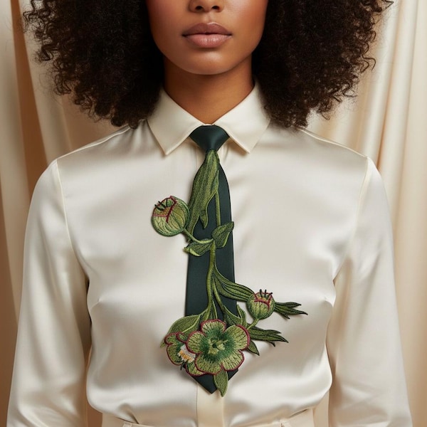 Short Green Embroidered Necktie for Women, Floral Statement Tie, Botanical Flower Tie, Elegant Short Neck Tie