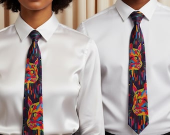 Unisex Colorful Cat Necktie, Artistic Animal Tie, Bold Statement Accessory, Modern Gift for Cat Lovers, Unique Fashion Neckwear