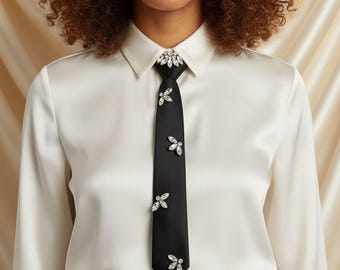 Rhinestone Black Necktie for Women, Crystal Statement Tie, Elegant Formal Neckwear, Sparkly Fashion Accessory, Gift for Her