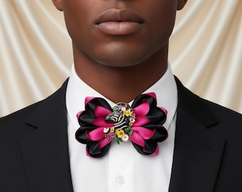 Zebra Bow Tie Set With Lapel Pins, Enamel Zebra Bow Tie, Safari Style Formal Accessory