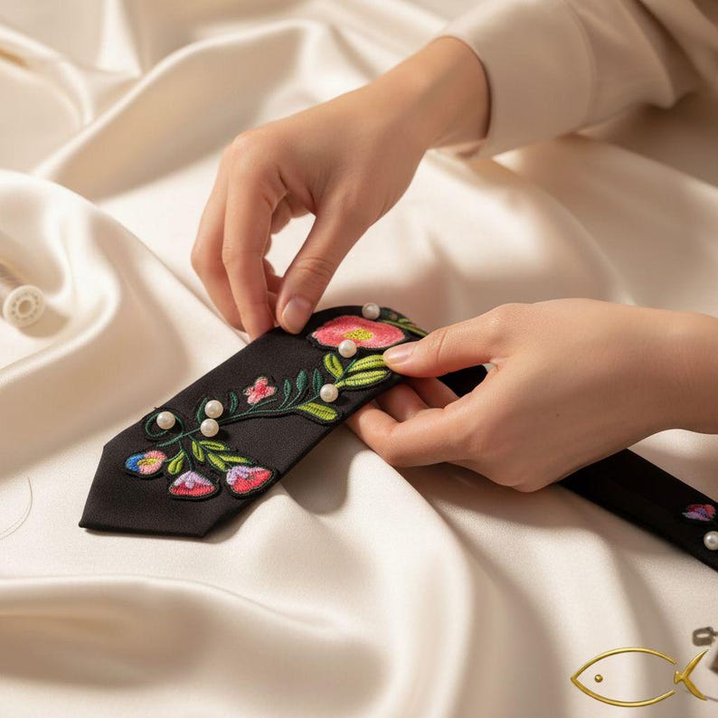 Puede incluir: Corbata negra con bordado floral en rosa, rojo, azul y verde. La corbata presenta detalles de perlas blancas y est&aacute; sujeta por manos. El fondo es una tela blanca y sedosa.